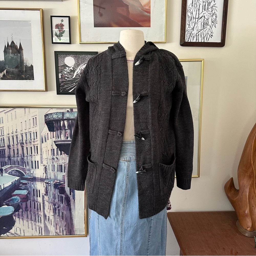 Karen Scott Cable Cardigan with Hood - Small/Medium, Charcoal